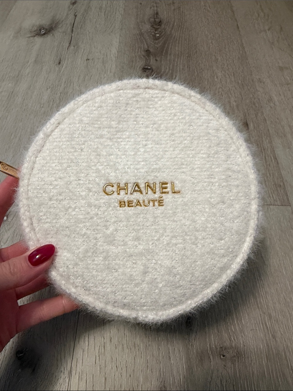 CHANEL Round White Tweed Cosmetic Case with Gold Logo